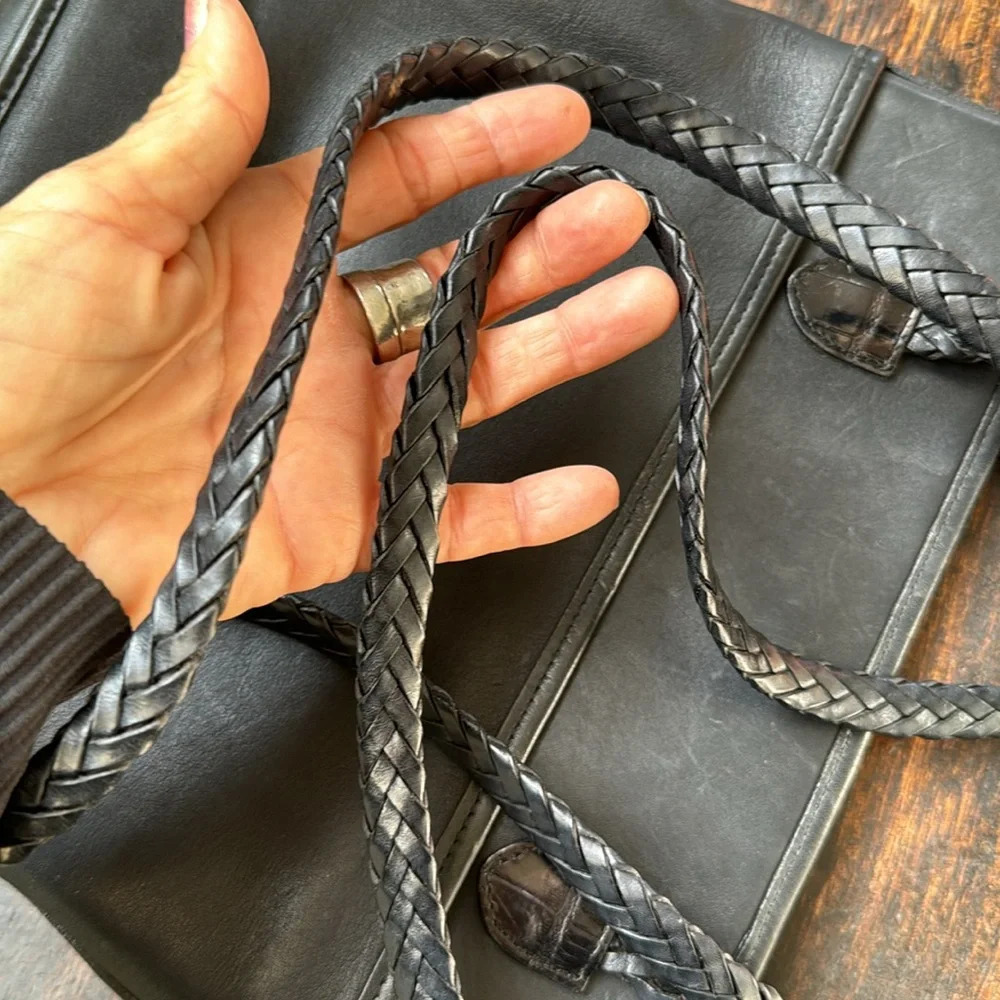 Brighton Black Leather Tote Bag Croc Embossed Trim Braided Straps Heart Hardware - Picture 7 of 16